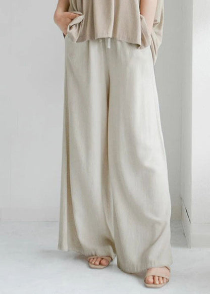 Beige Pockets Elastic Waist Linen Crop Pants Spring