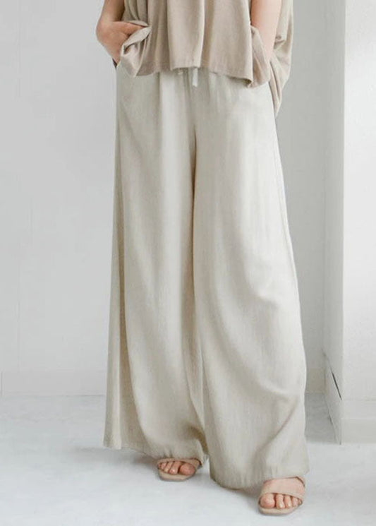 Beige Pockets Elastic Waist Linen Crop Pants Spring