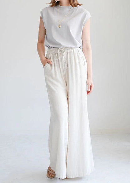 Beige Pockets Elastic Waist Linen Crop Pants Spring