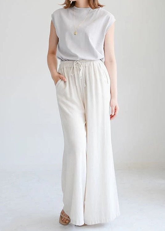 Beige Pockets Elastic Waist Linen Crop Pants Spring