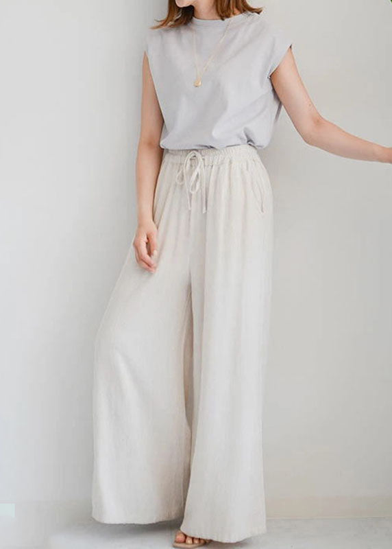 Beige Pockets Elastic Waist Linen Crop Pants Spring