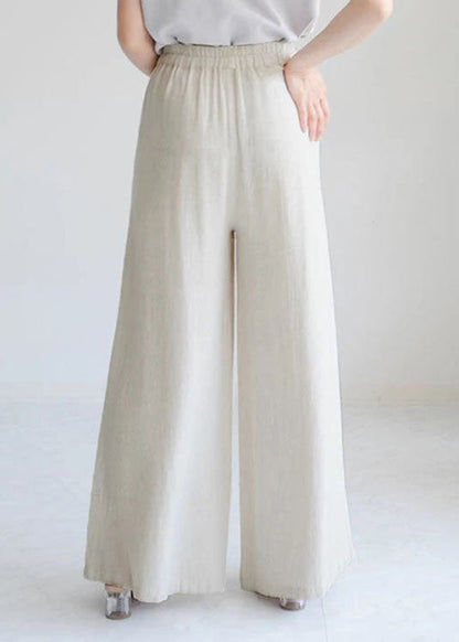 Beige Pockets Elastic Waist Linen Crop Pants Spring