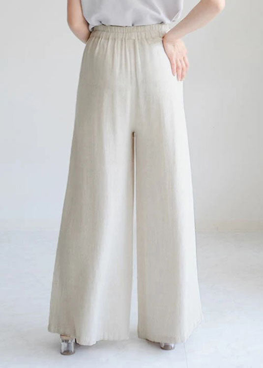 Beige Pockets Elastic Waist Linen Crop Pants Spring