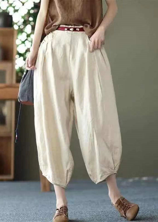 Beige Pockets Wrinkled Patchwork Linen Harem Pants Summer