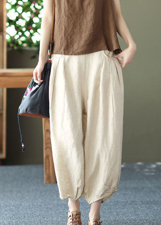 Beige Pockets Wrinkled Patchwork Linen Harem Pants Summer