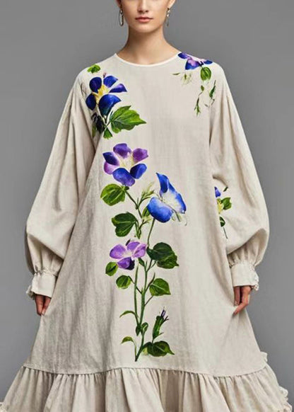 Beige Ruffled Print Cotton Holiday Dress Spring