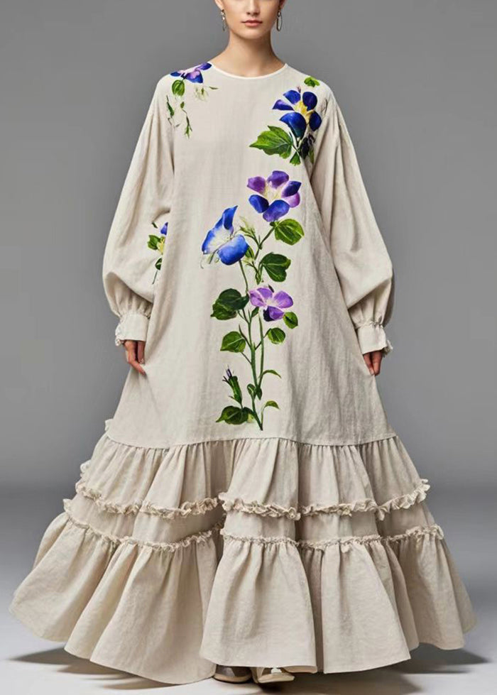Beige Ruffled Print Cotton Holiday Dress Spring