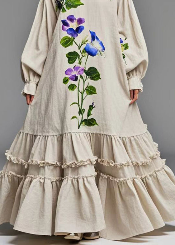 Beige Ruffled Print Cotton Holiday Dress Spring