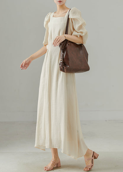 Beige Square Collar Cotton Cinched Dress Puff Sleeve