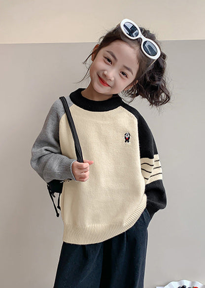 Beige Striped Patchwork Cotton Knit Kids Sweaters Spring