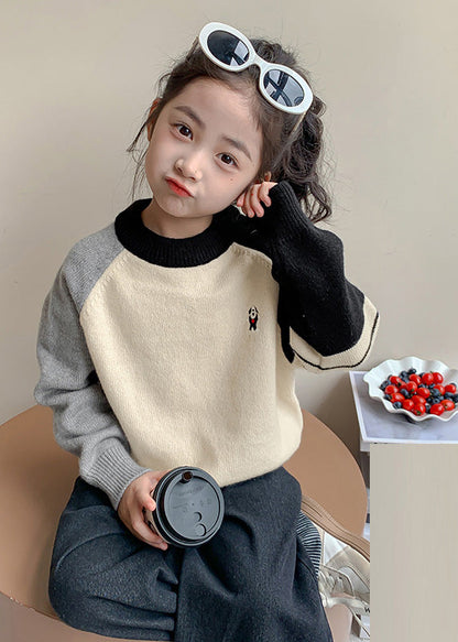 Beige Striped Patchwork Cotton Knit Kids Sweaters Spring