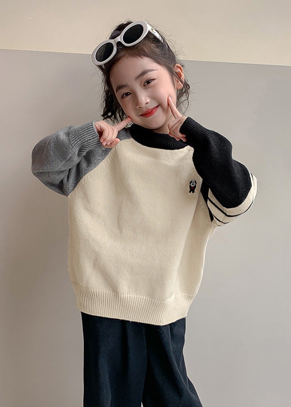 Beige Striped Patchwork Cotton Knit Kids Sweaters Spring