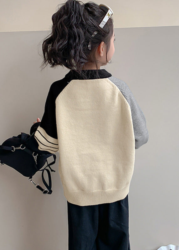 Beige Striped Patchwork Cotton Knit Kids Sweaters Spring