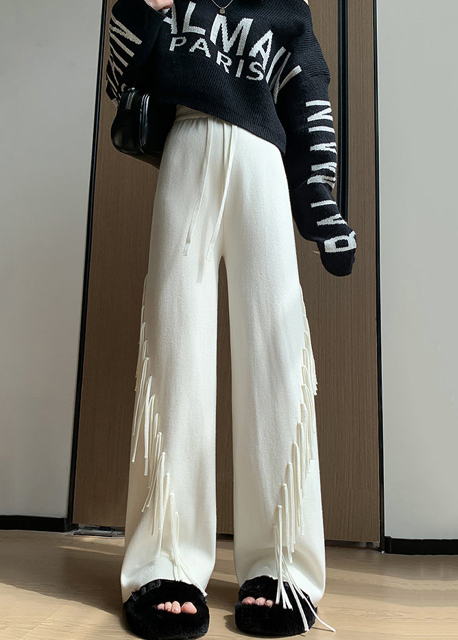 Beige Tasseled Elastic Waist Cotton Knit Pants Spring