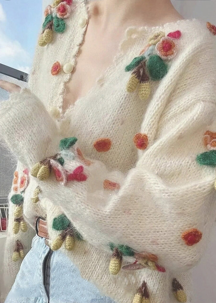 Beige V Neck Button Patchwork Knit Cardigan Spring
