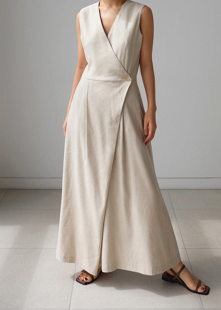 Apricot Texture V Neck Button Pockets Jumpsuit Pants Summer