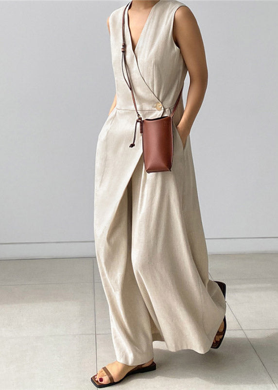 Beige V Neck Button Pockets Jumpsuit Pants Summer