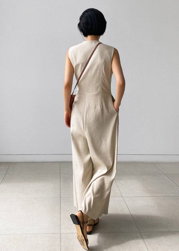 Apricot Texture V Neck Button Pockets Jumpsuit Pants Summer