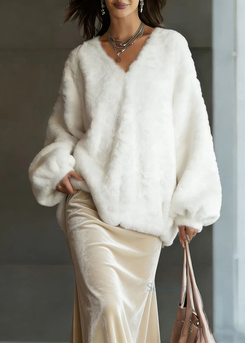 Beige V Neck Fuzzy Fur Fluffy Tops Lantern Sleeve