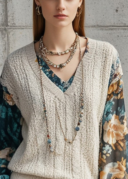 Beige V Neck Patchwork Print Fake Two Piece Knit Shirts Fall