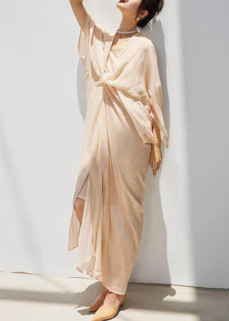 Beige V Neck Wrinkled Linen Silk Dress Bracelet Sleeve