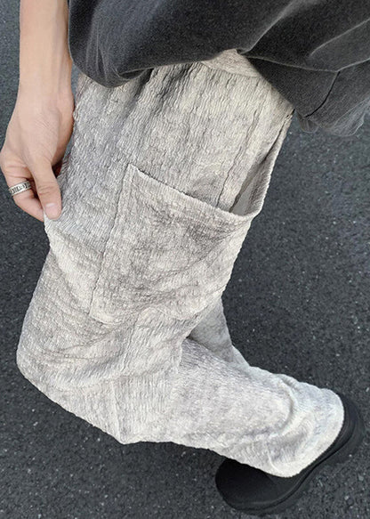 Beige Wrinkled Pockets Ice Silk Pants Summer