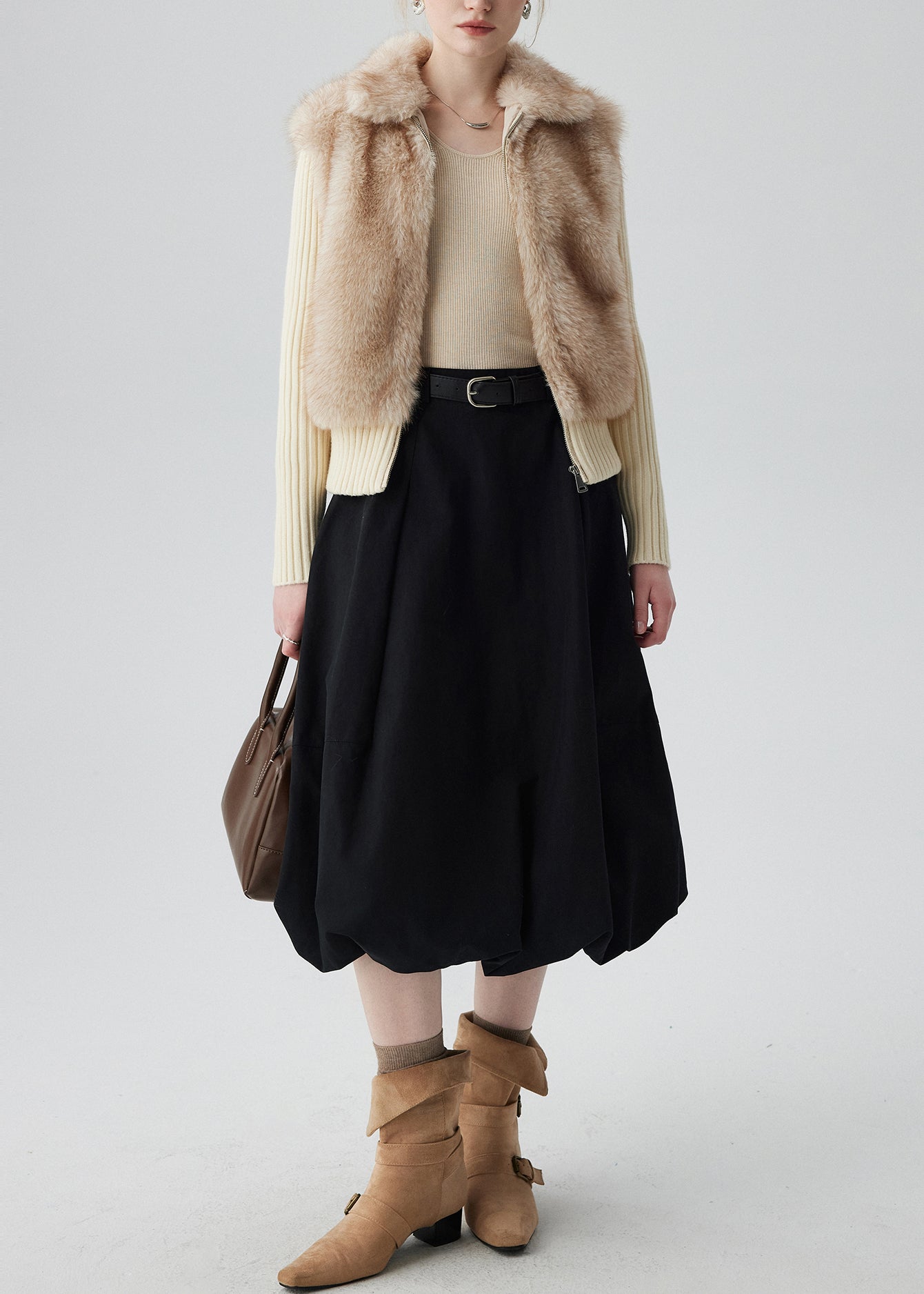 Beige Zip Up Patchwork Faux Fox Fur Knit Coat Winter
