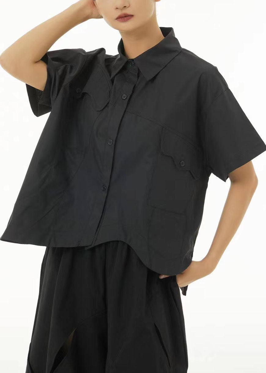 Black Asymmetrical Design Oversized Cotton Shirt Tops Summer