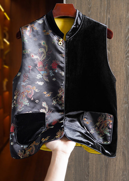 Black Asymmetrical Embroidered Pockets Silk Velour Waistcoat Sleeveless