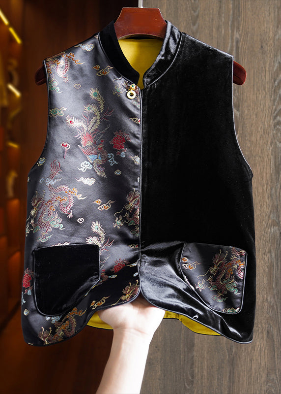 Black Asymmetrical Embroidered Pockets Silk Velour Waistcoat Sleeveless