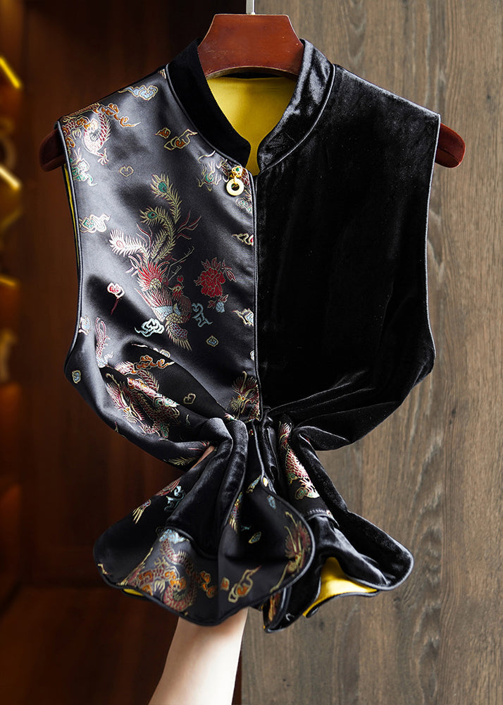 Black Asymmetrical Embroidered Pockets Silk Velour Waistcoat Sleeveless