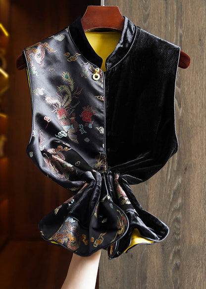 Black Asymmetrical Embroidered Pockets Silk Velour Waistcoat Sleeveless