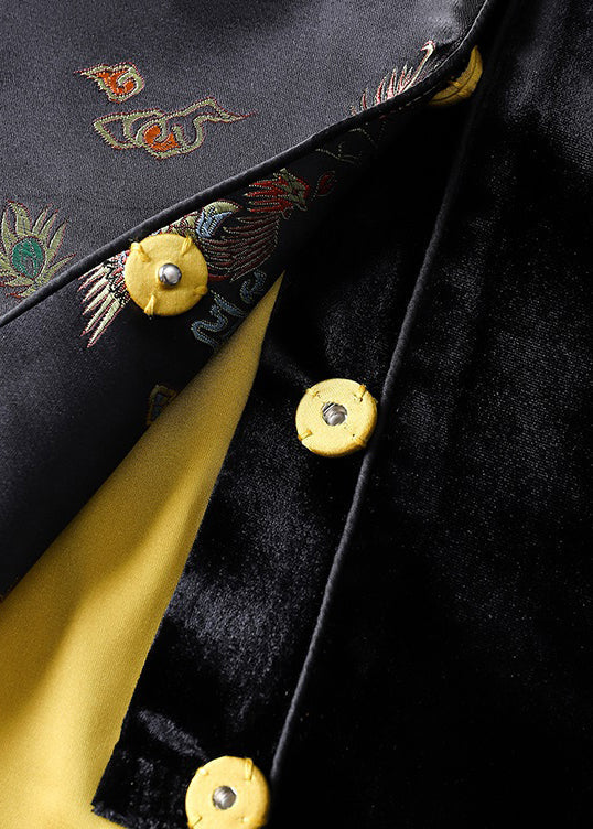 Black Asymmetrical Embroidered Pockets Silk Velour Waistcoat Sleeveless