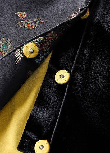 Black Asymmetrical Embroidered Pockets Silk Velour Waistcoat Sleeveless