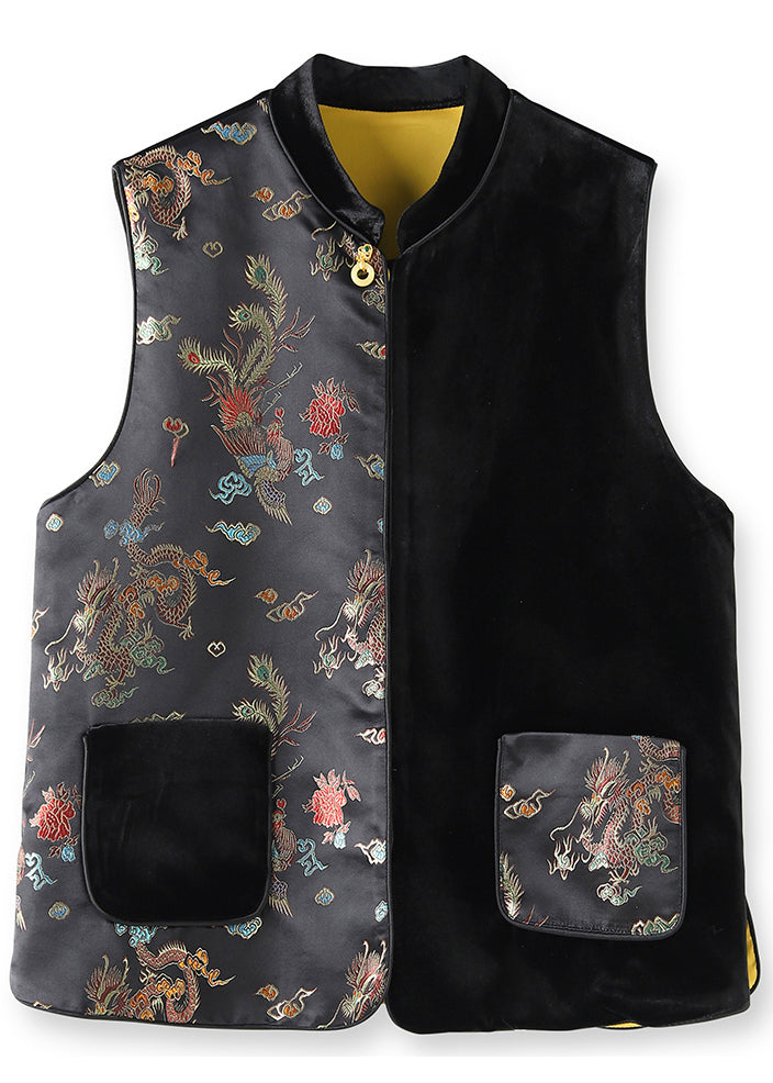 Black Asymmetrical Embroidered Pockets Silk Velour Waistcoat Sleeveless