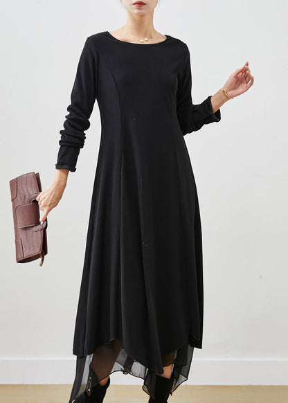 Black Asymmetrical Exra Large Hem Cotton Long Dress Spring
