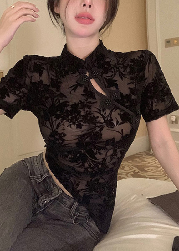 Black Asymmetrical Lace Patchwork Tulle Top Short Sleeve
