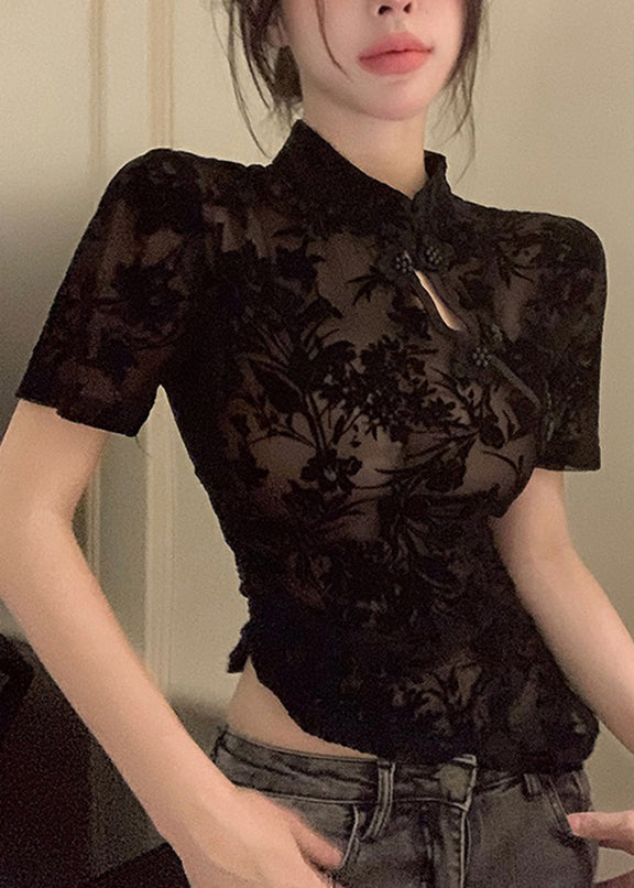 Black Asymmetrical Lace Patchwork Tulle Top Short Sleeve
