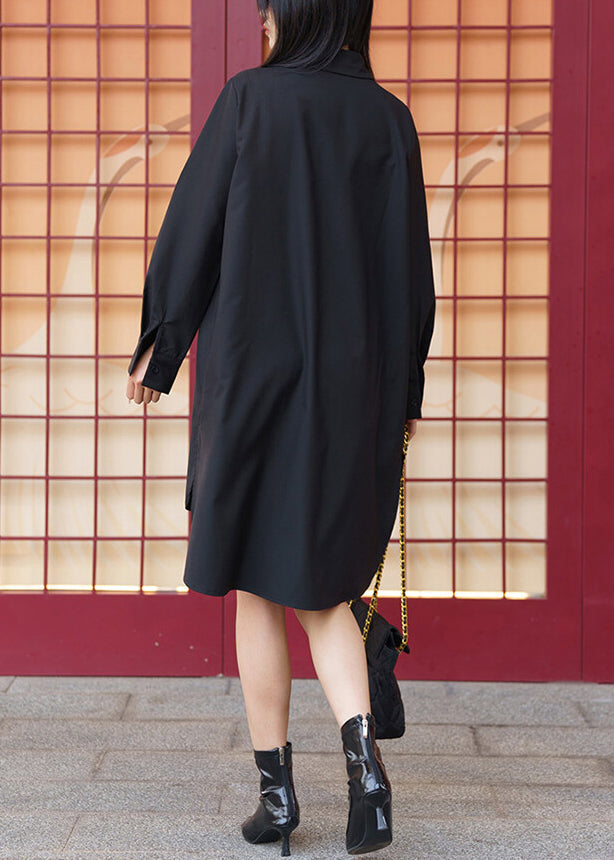 Black Asymmetrical Low High Design Cotton Dresses Spring