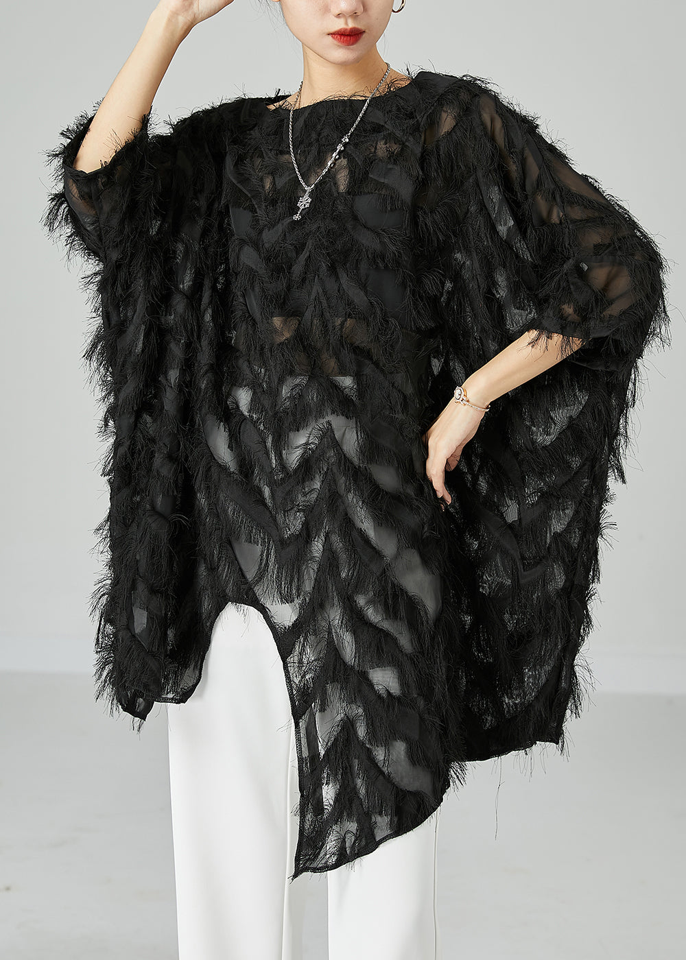 Black Asymmetrical Oversized Fluffy Tulle Long Tops Bracelet Sleeve