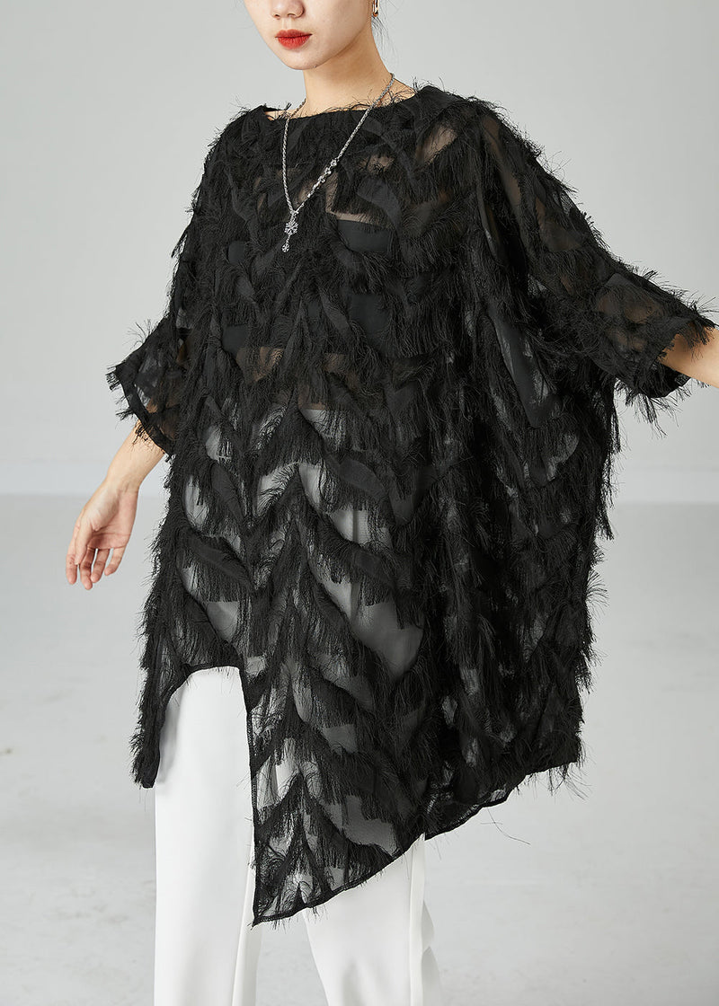 Black Asymmetrical Oversized Fluffy Tulle Long Tops Bracelet Sleeve