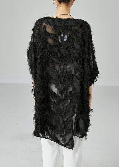 Black Asymmetrical Oversized Fluffy Tulle Long Tops Bracelet Sleeve