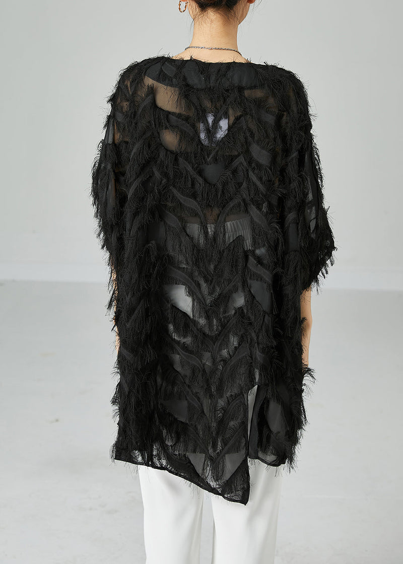 Black Asymmetrical Oversized Fluffy Tulle Long Tops Bracelet Sleeve