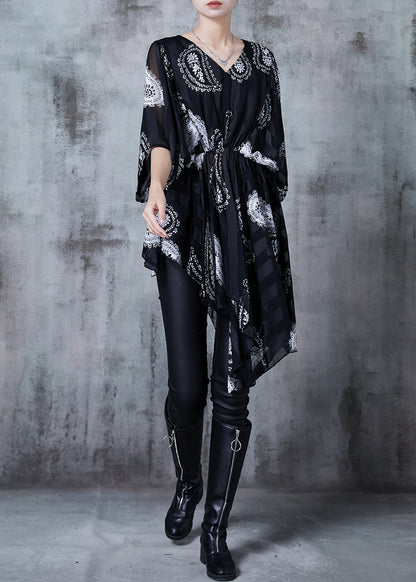 Black Asymmetrical Print Chiffon Shirt Summer