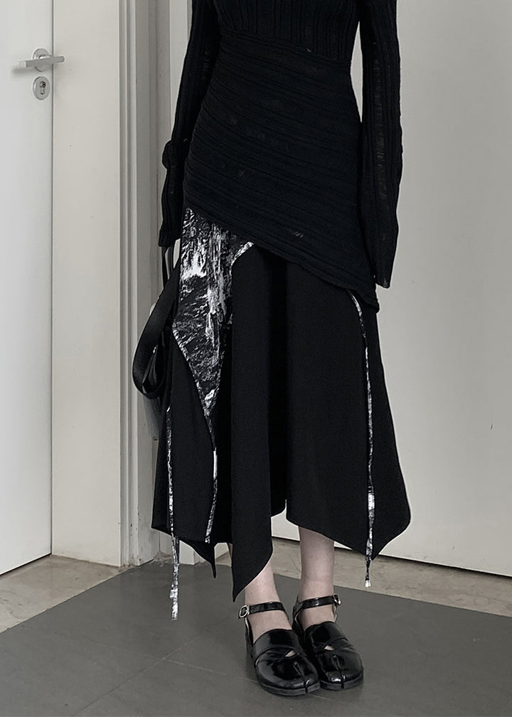 Black Asymmetrical Print Cotton a Line Skirt Spring