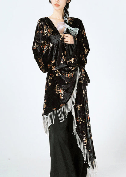Black Asymmetrical Print Lace Up Velour Silk Dress Spring