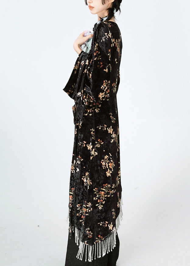 Black Asymmetrical Print Lace Up Velour Silk Dress Spring