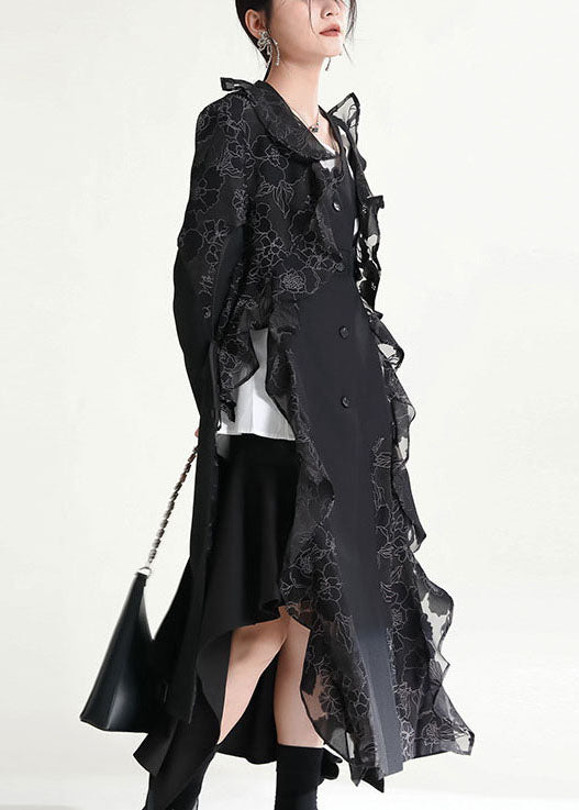 Black Asymmetrical Ruffled Patchwork Tulle Trench Coats Fall