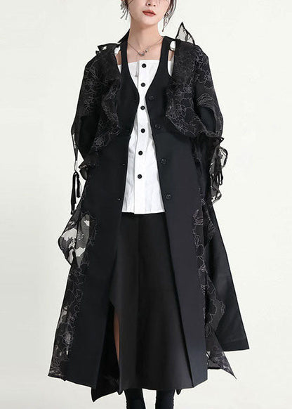 Black Asymmetrical Ruffled Patchwork Tulle Trench Coats Fall