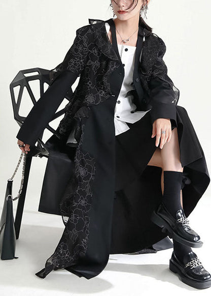 Black Asymmetrical Ruffled Patchwork Tulle Trench Coats Fall
